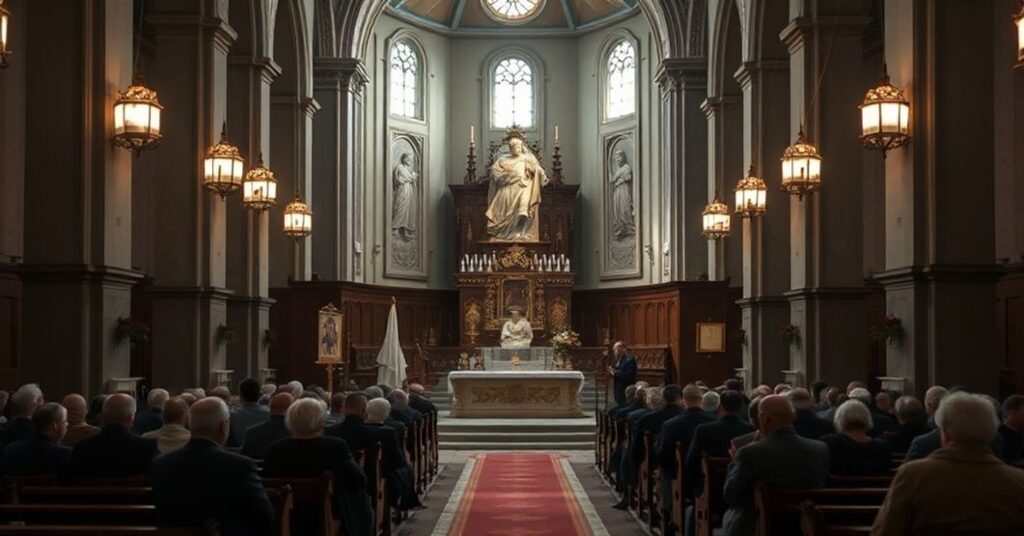 Wnętrze katedry w Gorzowie Wielkopolskim podczas spotkania Sybiraków z Adrianem Putem. Scena odzwierciedla krytykę artykułu dotyczącą synkretyzmu religijnego i modernistycznej interpretacji nauczania katolickiego.