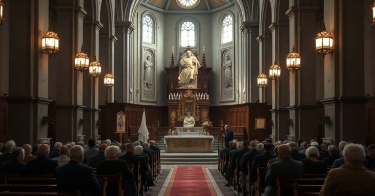 Wnętrze katedry w Gorzowie Wielkopolskim podczas spotkania Sybiraków z Adrianem Putem. Scena odzwierciedla krytykę artykułu dotyczącą synkretyzmu religijnego i modernistycznej interpretacji nauczania katolickiego.