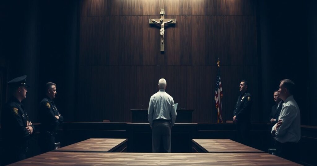 Sądowa sala rozpraw zapełniona ciemnością i nieobecnością sprawiedliwości Bożej.