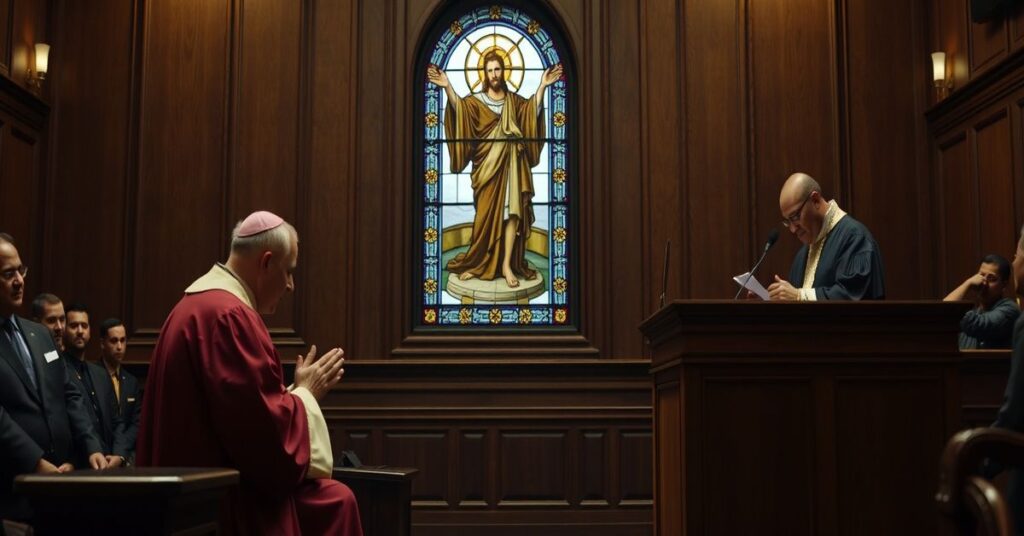 Scena sądowa w tradycyjnym katolickim kościele z arcybiskupem Coakleyem modlącego się i sędzią wygłaszającym wyrok na mordercę Kendricka Simpsona.