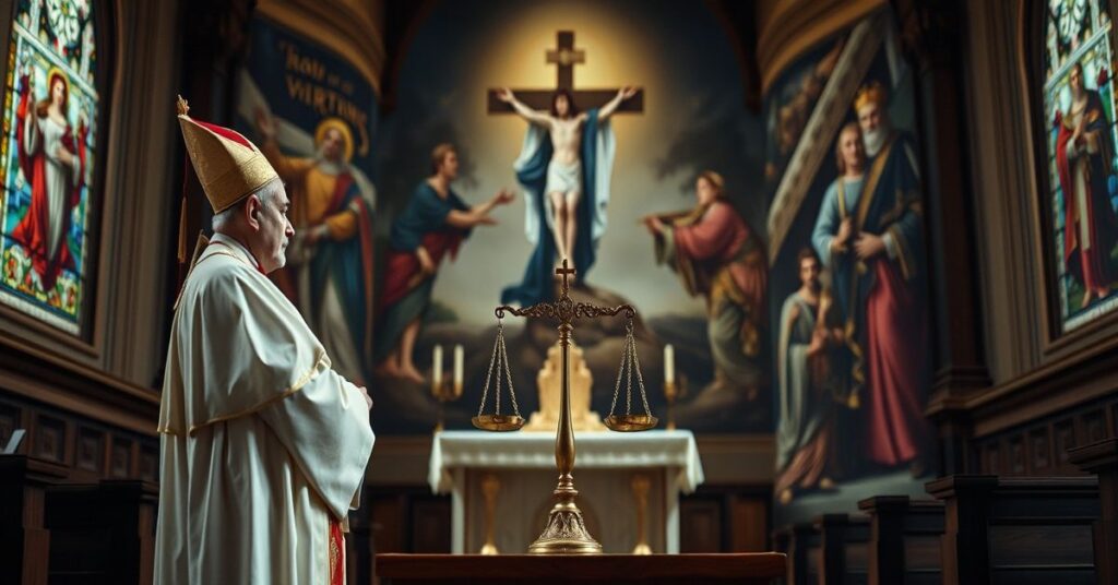 Biskup katolicki w tradycyjnych szatach liturgicznych stoi przed ołtarzem z krzyżem, symbolizującym sprawiedliwość Bożą. W tle modernistyczny duchowny w zwykłej odzieży gestykuluje lekceważąco w kierunku złamanej wagi sprawiedliwości, co symbolizuje modernistyczne zniekształcenie prawa Bożego. Wnętrze kościoła jest przyciemnione z tradycyjnymi witrażami przedstawiającymi Chrystusa Króla.