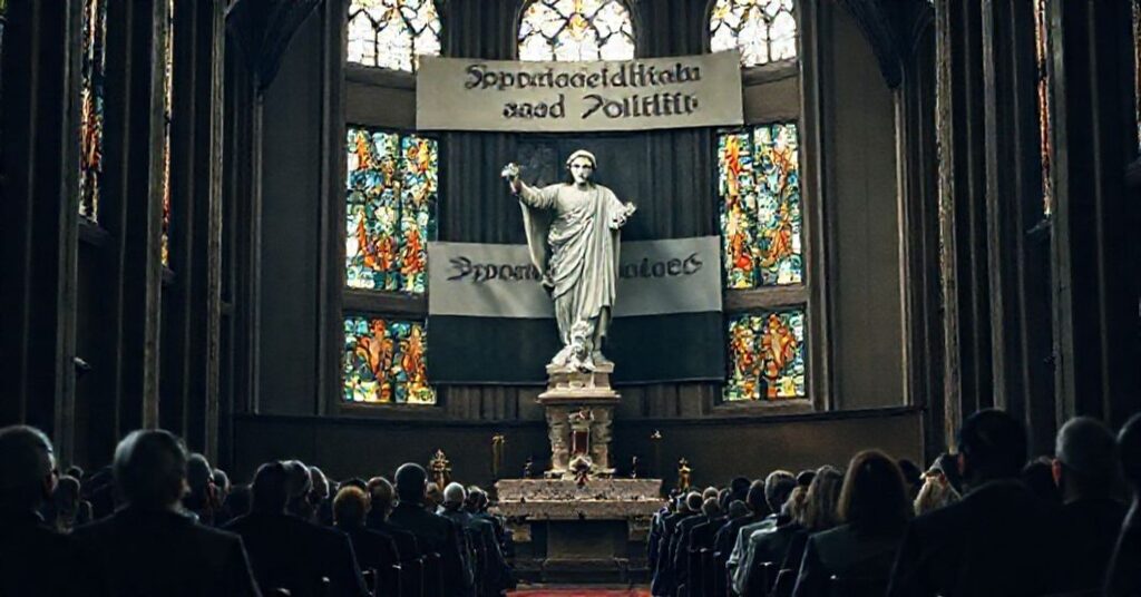 Wnętrze katolickiego kościoła z grupą modlących się wiernych pod okiem Chrystusa Króla, symbolizującym sprawiedliwość bożą.