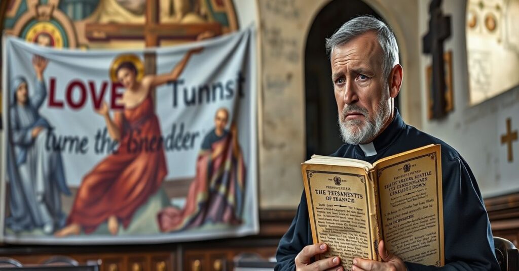 Zdjęcie ilustrujące artykuł o modernistycznej katechezie kardynała Rysia w Krakowie. Tradycyjny kapłan śledzi z nieufnością przemówienie 'kardynała', co symbolizuje konflikt między prawdą katolicką a nowoczesnymi herezjami.