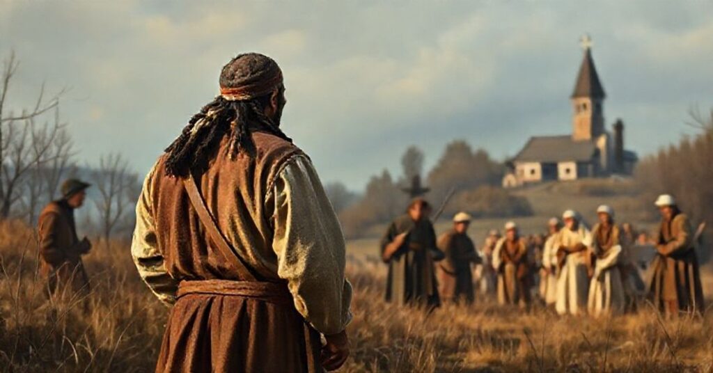 Traditionalna katolicka scena misyjna przedstawiająca Squanto w stroju z XVII wieku w nowoangielskiej dzikiej przyrodzie, odwracającego się od protestanckich pielgrzymów. W oddali widoczny jest franciszkański klasztor symbolizujący brak prawdziwej ewangelizacji.