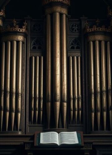 Średniowieczne organy w katolickiej świątyni - ikona tradycji Fotorealistyczne zdjęcie średniowiecznych organów w katolickiej świątyni, podkreślające ich historyczną i sakralną rolę.