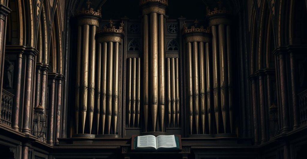 Fotorealistyczne zdjęcie średniowiecznych organów w katolickiej świątyni, podkreślające ich historyczną i sakralną rolę.