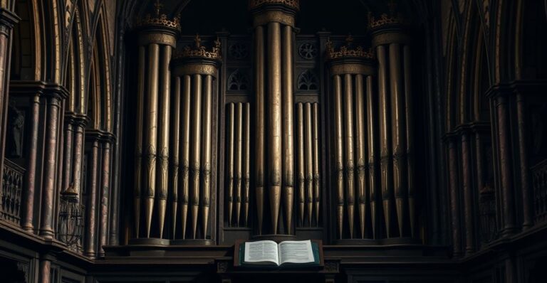 Fotorealistyczne zdjęcie średniowiecznych organów w katolickiej świątyni, podkreślające ich historyczną i sakralną rolę.