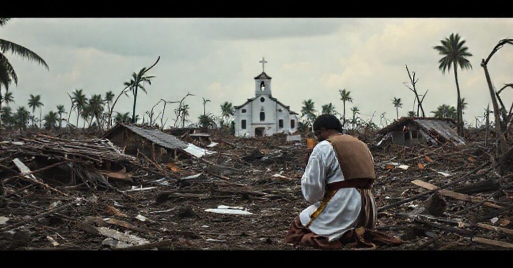 Zniszczona wioska na Sri Lance po cyklonie Ditwah z kapłanem modlącym się w ruinach.
