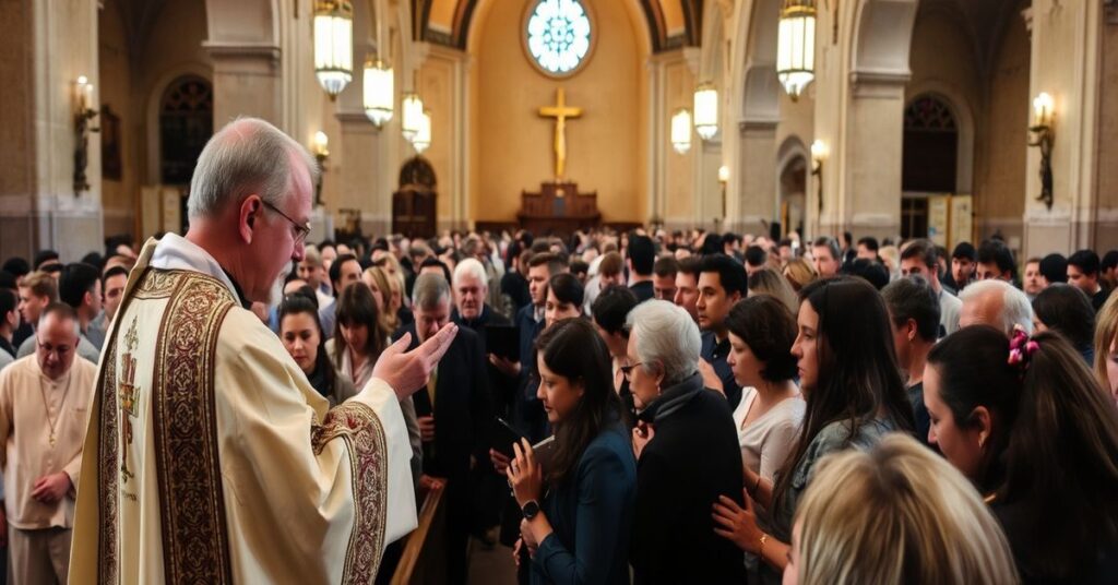 Wnętrze kościoła podczas Środa Popielcowej z księdzem rozdającym popiół wiernym tradycyjnym sposobem.
