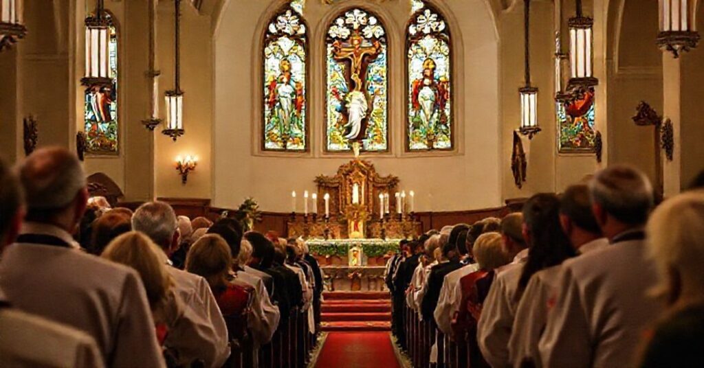 Wnętrze kaplicy SSPX w Charlotte podczas mszy łacińskiej, symbolizujące tradycyjne katolickie religijność.