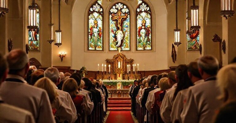 Wnętrze kaplicy SSPX w Charlotte podczas mszy łacińskiej, symbolizujące tradycyjne katolickie religijność.