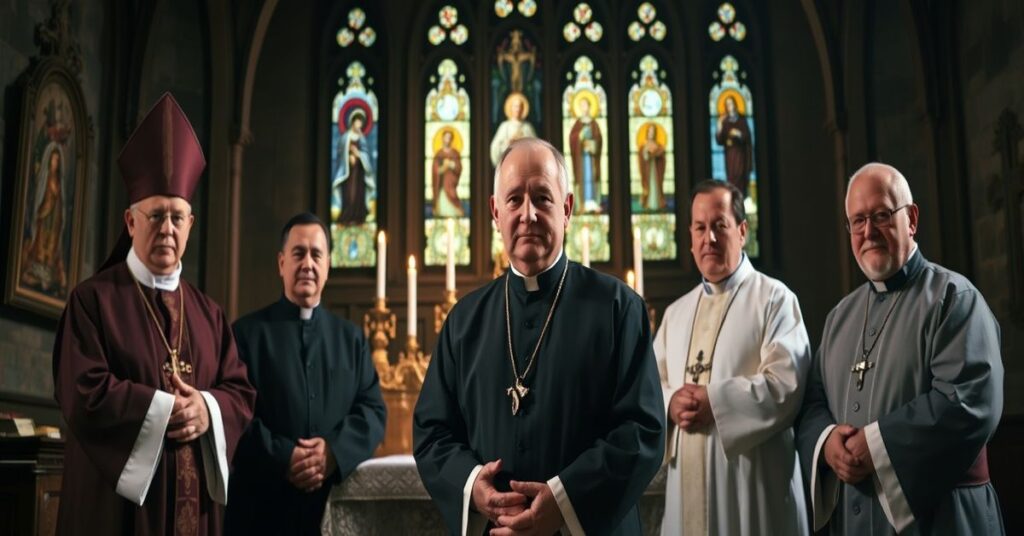 Scena przedstawiająca Ojca Davide Pagliaraniego i biskupów SSPX w kaplicy gotyckiej podczas obrzędu konsekracji biskupów w 2026 roku.