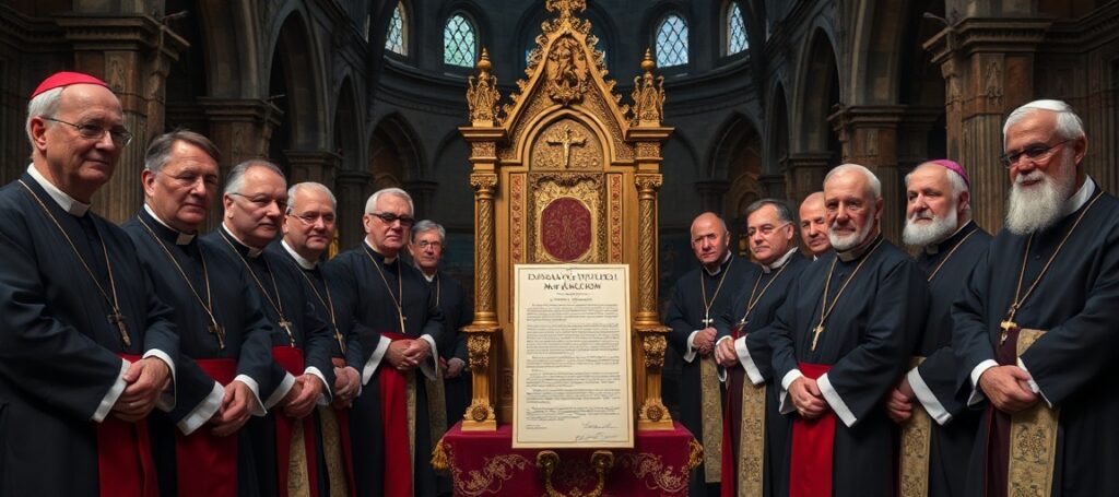 Przedstawienie tradycyjnych kapłanów SSPX podpisujących schizmatyczny dokument w opuszczonej kaplicy
