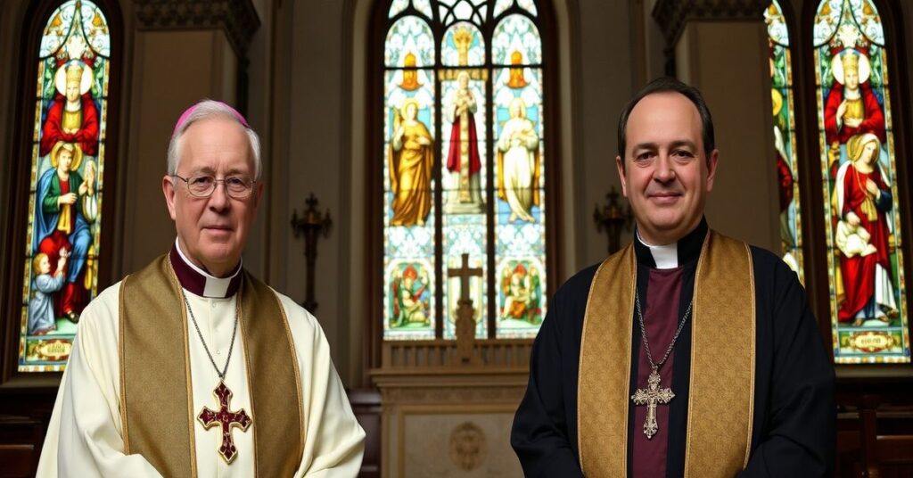 Portret Arcybiskupa Marcela Lefebvre'a i Generała Davide Pagliaraniego z SSPX w tradycyjnych szatach kościelnych w wnętrzu kościoła.