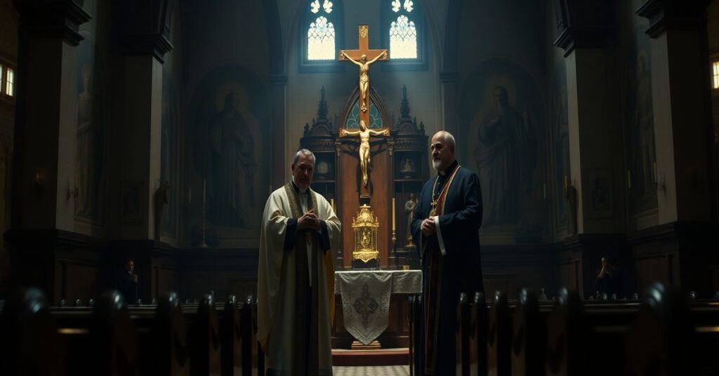 Wnętrze kościoła katolickiego z ołtarzem, na którym stoi arcybiskup Marcel Lefebvre i biskup Joseph Strickland w tradycyjnych szatach liturgicznych.