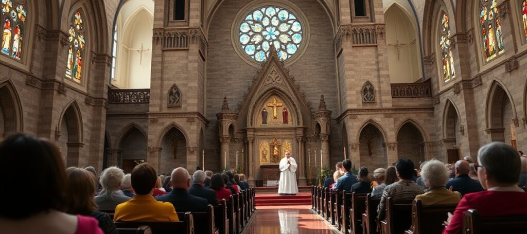 Widok zewnętrzny kościoła św. Maryi Gwiazdy Morza w Jackson (Michigan) podczas jego stulecia. Imponująca fasada z trzema wieżami i witrażami z Innsbrucku kontrastuje z wewnętrzną pustką duchową.