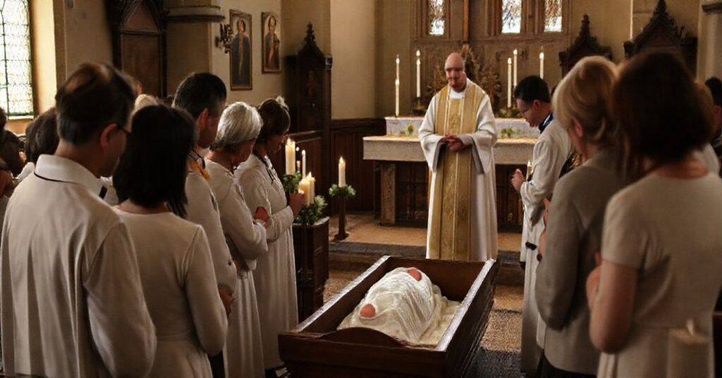 Świetlista ceremonia katolicka w tradycyjnej kościelnej scenerii z grupą żałobników zebranych wokół trumny z resztkami nienarodzonego dziecka i księdzem w tradycyjnych szatach liturgicznych