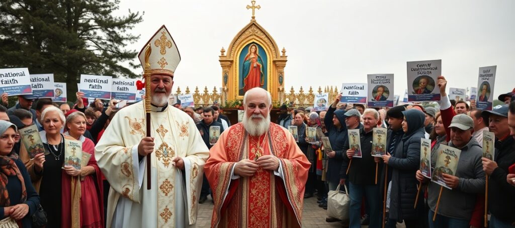 Arcybiskup Józef Staniewski w otoczeniu pielgrzymów podczas uroczystości w sanktuarium w Budsławiu – krytyczna analiza pielgrzymki jako teatru pobożności pozbawionego prawdziwej wiary katolickiej i Mszy Trydenckiej