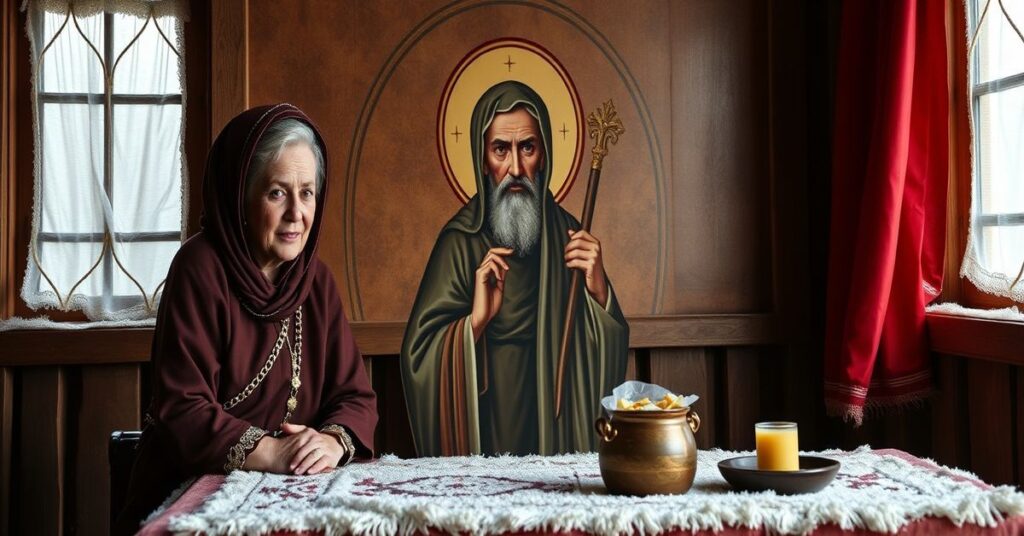 Stary katolik modli się przed ikoną Matki Bożej w zniszczonym budynku na Ukrainie, podkreślając duchowe znaczenie cierpienia.