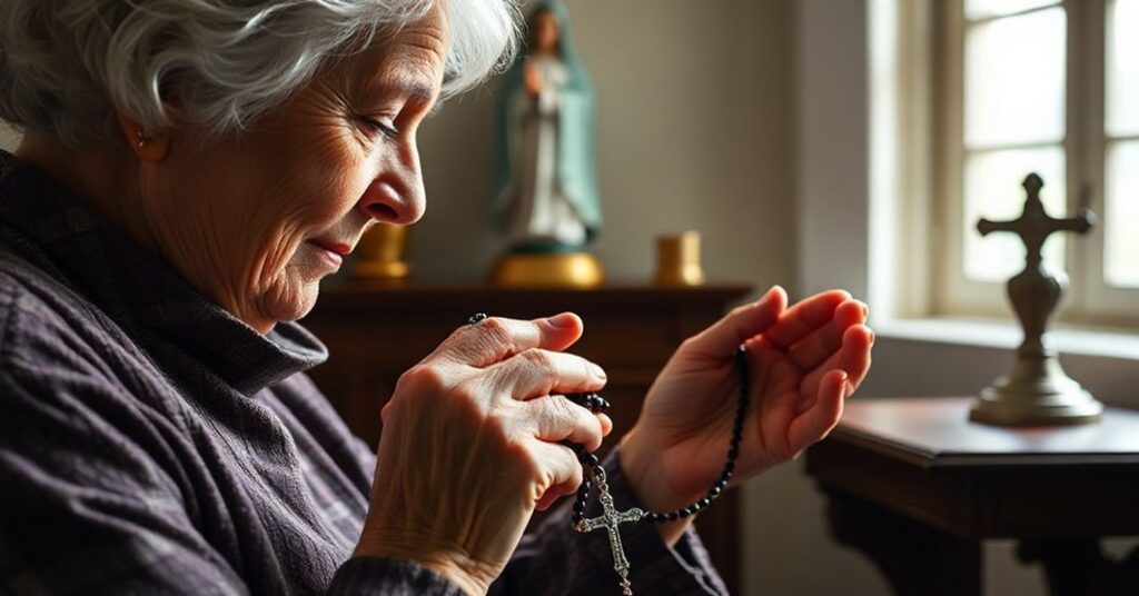 Stara kobieta modli się modlitewne różaniec w tradycyjnym katolickim środowisku religijnym