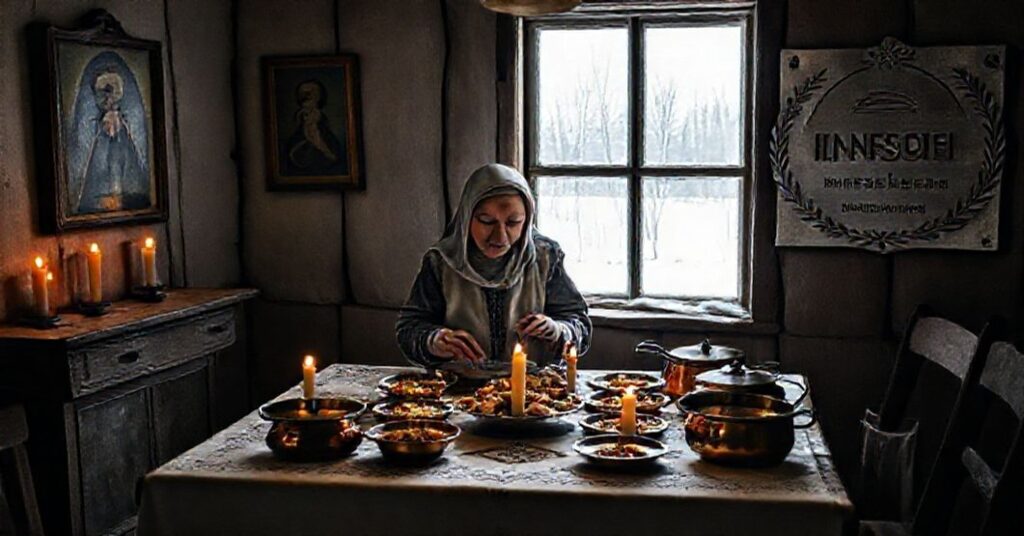 Stara kobieta w chustce gotuje wigilijne danie w tradycyjnej kuchni polskiej przy świetle świec, z widocznym plakietem UNESCO na ścianie.