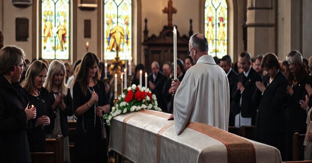 Pogrzeb katolicki w tradycyjnym kościele, z kapłanem w rzymskim ornacie, otoczonym żałobnikami z różańcami, gdzie rodzina modli się przed trumną ozdobioną świecami i symbolami religijnymi.