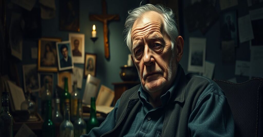 Portret staruszka Jacka McNulty'ego w ciemnym pokoju pełnym butelek po alkoholu i zdjęć z przeszłości