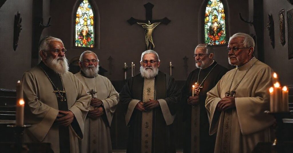 Starości biskupi w tradycyjnych parasolkach stoją w ciemnym koście z krzyżami i świecami. Scena podkreśla smutek i więczność z tradycją katolicką.