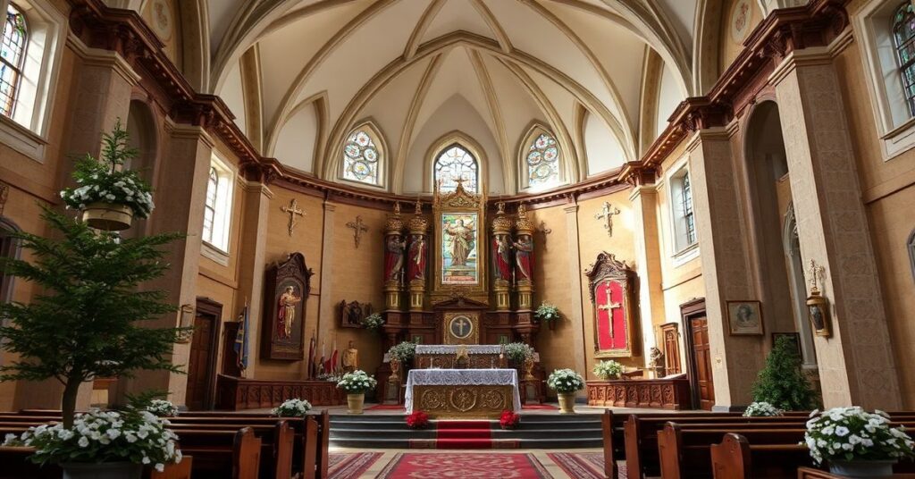 Stary kościół katolicki z freskami przedstawiającymi grzech pierworodny i Chrystusa na krzyżu, przerażeni wierni słuchający kazań herezji o. Wacława Oszajcy SJ.