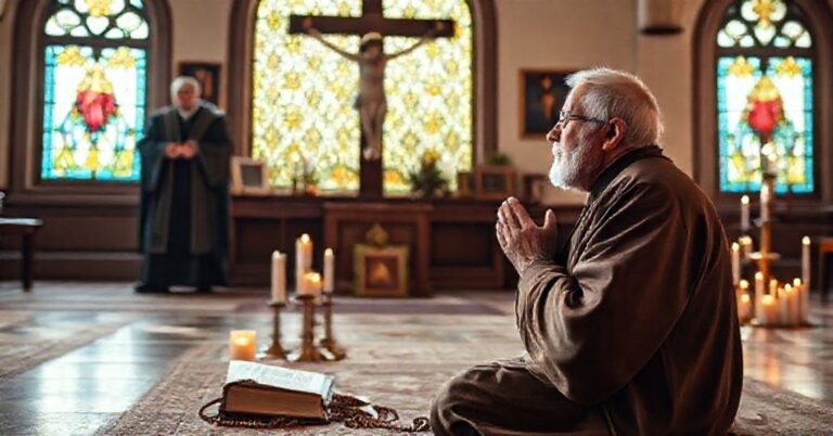 Starszy mężczyzna w tradycyjnym stroju katolickim modlący się przed krzyżem w otoczeniu sakramentaliów katolickich