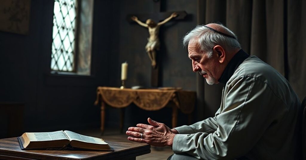 Stary katolicki mężczyzna modlący się przed krzyżem z poważnym wyrazem twarzy, refleksja nad śmiercią i potrzebą pokuty w tradycyjnym otoczeniu religijnym.