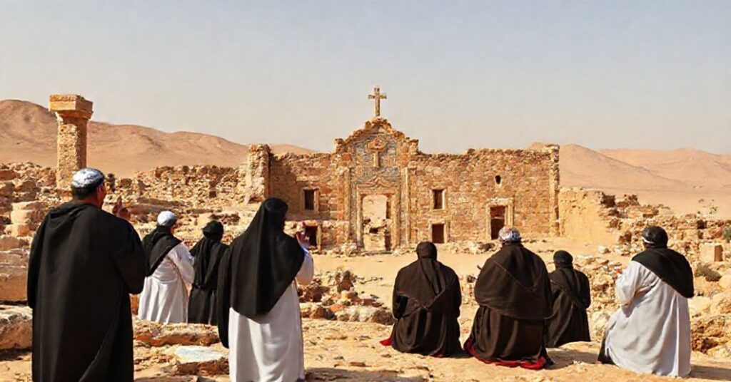 Starożytne ruiny chrześcijańskiego kościoła w Akabie w Jordanii - tradycyjne katolickie widoki z wiernymi modlącymi się na miejscu odkryć archeologicznych.