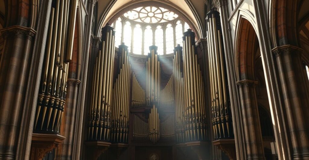 Fotorealistyczne zdjęcie starożytnej średniowiecznej piszczałki organowej w katolickiej bazylice, podkreślające duchowe i liturgiczne znaczenie instrumentów sakralnych