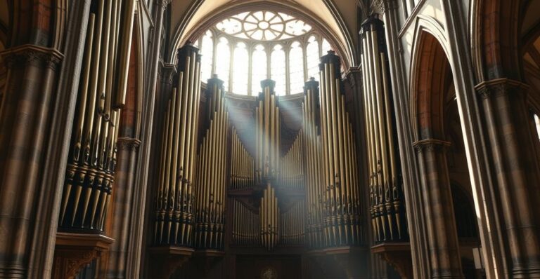 Fotorealistyczne zdjęcie starożytnej średniowiecznej piszczałki organowej w katolickiej bazylice, podkreślające duchowe i liturgiczne znaczenie instrumentów sakralnych