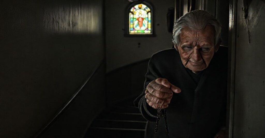 Starsi katolicka para wspinająca się po ciemnych schodach z różańcem w rękach, symbolizując opuszczenie i potrzebę katolickiej miłości.