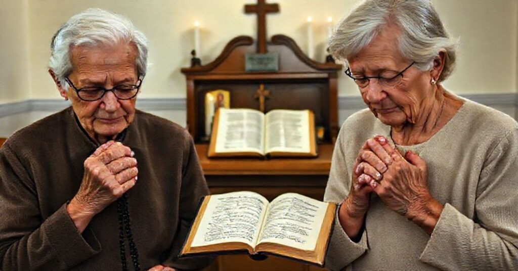 Starsi katolicy modlący się w kaplicy z różańcami i Biblią