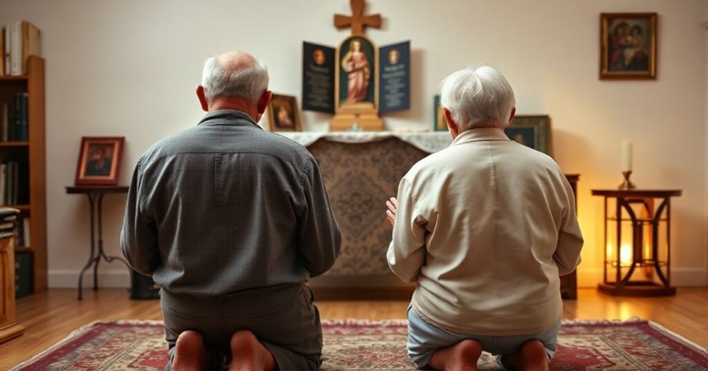 Starszy katolicki parka modli się w tradycyjnym wnętrzu kościelnym.