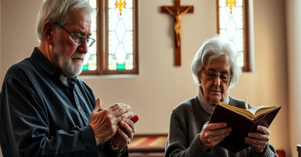 Starszy katolicki parę modlącą się w kaplicy z krzyżem na tle