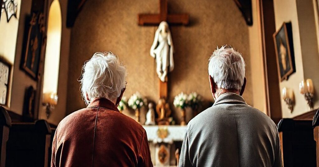 Starsza para katolików modli się przed krucyfiksem w tradycyjnej kaplicy, podkreślając duchową wymowę starzenia się i znaczenie życia wiecznotnego.