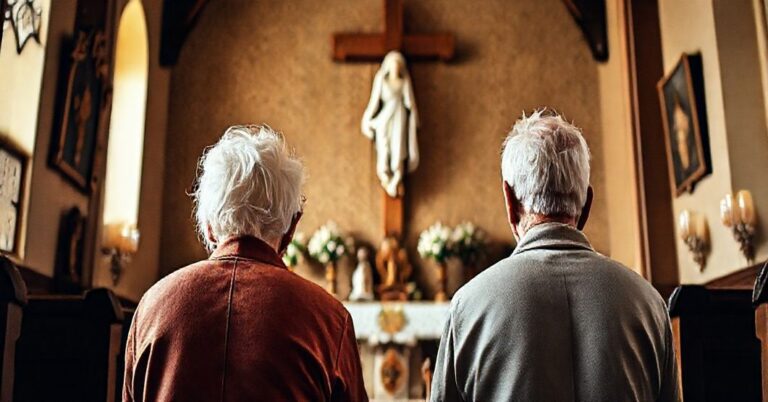 Starsza para katolików modli się przed krucyfiksem w tradycyjnej kaplicy, podkreślając duchową wymowę starzenia się i znaczenie życia wiecznotnego.