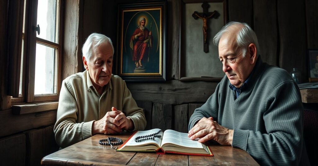 Stary polski małżeństwo modli się w skromnym domowym otoczeniu, otoczone symbolami wiary katolickiej.