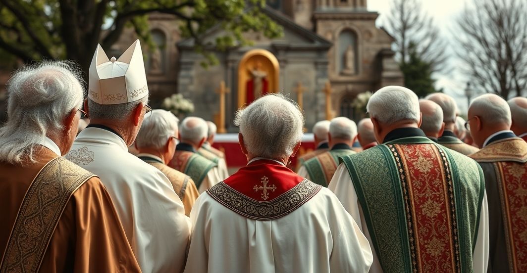 Starsi katolicy uczestniczący w nabożeństwie na zewnątrz, wyrażający powagę i refleksję nad kryzysem wiary po Soborze Watykańskim II