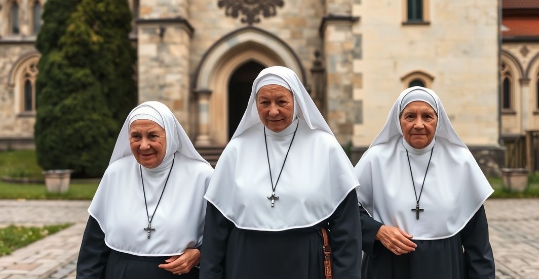 Elderly Catholic Nuns Returning to Convent w Austrii Tradycyjne, poważne zakonne starsze kobiety w habitach idące w kierunku klasztoru w Austrii, symbolizujące wierność tradycyjnemu katolicyzmowi
