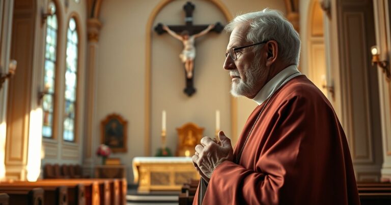 Starszy katolicki duchowny modlący się w kościele, wyraz głębokiej wiary i pokory