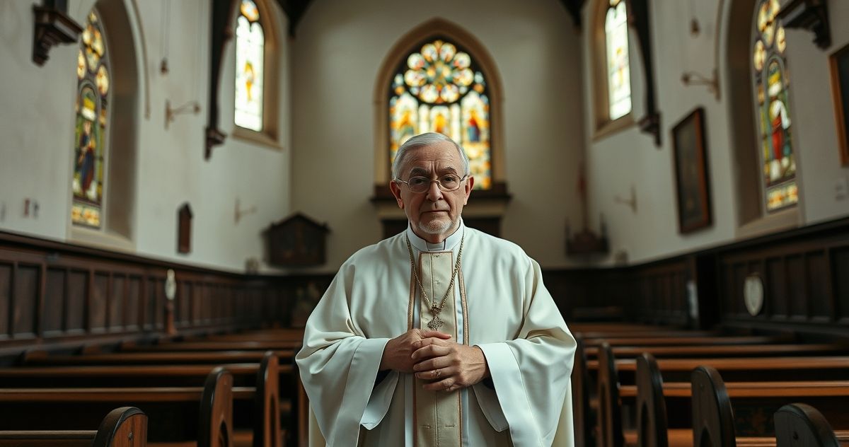 Starożytny katolicki ksiądz w tradycyjnym stroju w starej świątyni, symbol wierności tradycji katolickiej i krytyki reform posoborowych