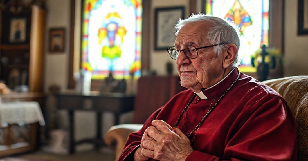 Starszy katolik modlący się z Różącęem w tradycyjnym wnętrzu z witrażem