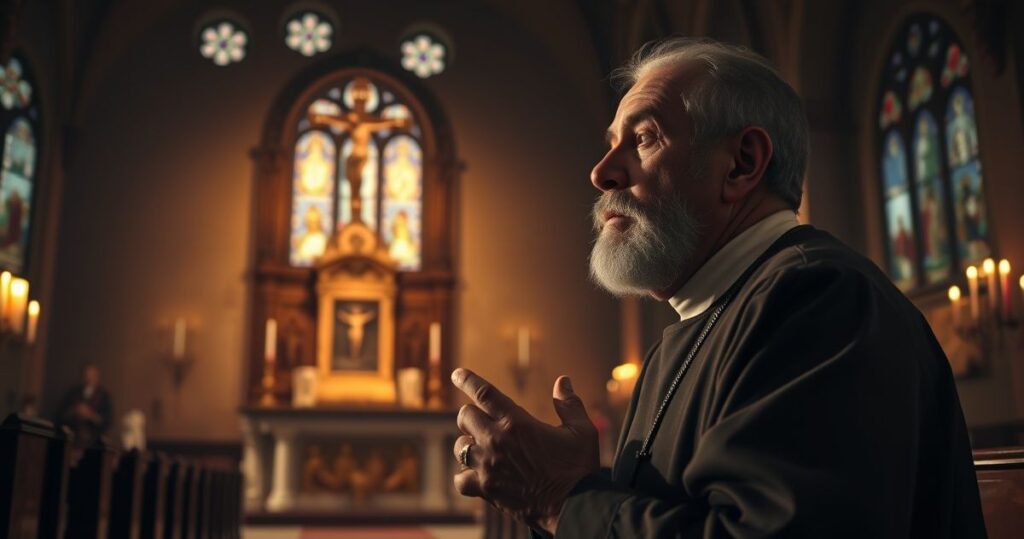 Starzec katolicki modlący się w kościele z krzyżem i ołtarzem, obraz o poważnym, religijnym charakterze