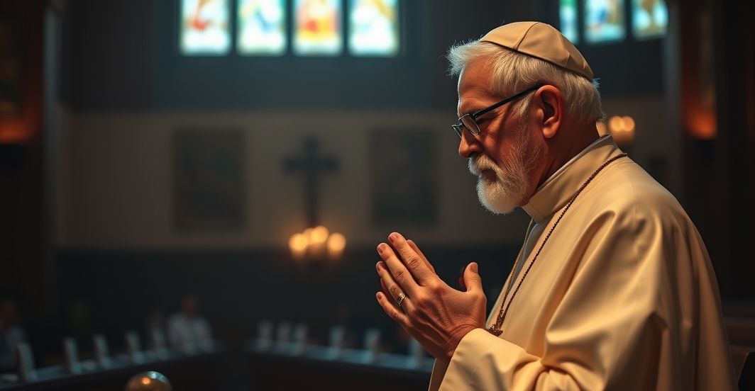 Starzec katolicki modlący się w kościele z krzyżem i ołtarzem, obraz o poważnym, religijnym charakterze