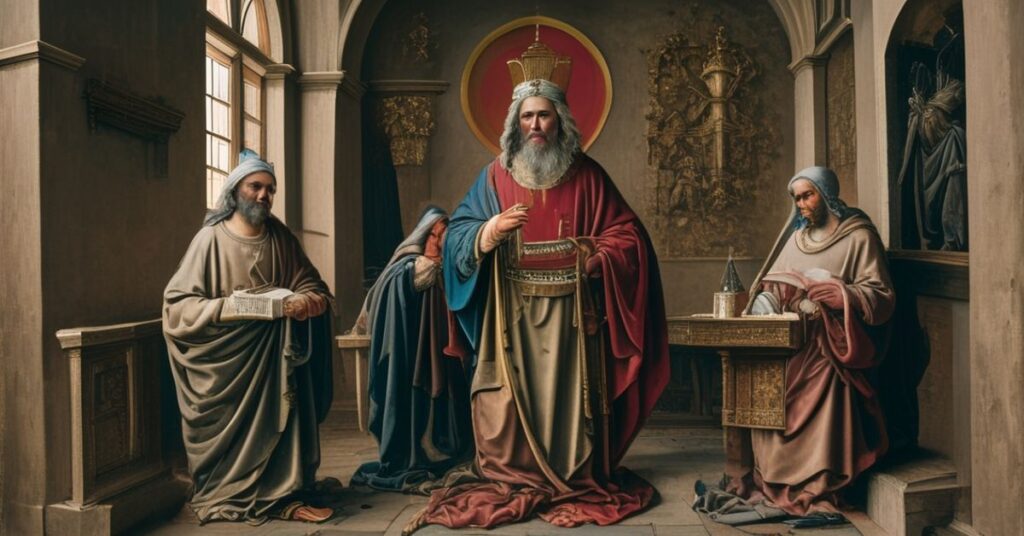 Stary katolicki mężczyzna modlący się w kościele z dokumentem zadłużeń, w tle witraże i wizerunek Chrystusa Króla.