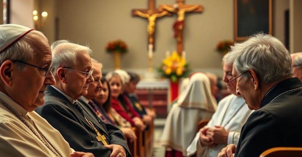 Zdjęcie realistycznych starszych katolików w tradycyjnym kościele, wyrażających powagę i wierność, z elementami liturgicznymi w tle, podkreślające szacunek dla katolickiej wiary i krytykę synkretyzmu.